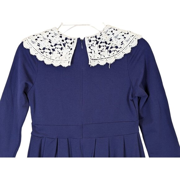 Happy Rose Girls size 10 Navy Cotton Knit Dress Crouched Lace Collar Stunning - Picture 12 of 14